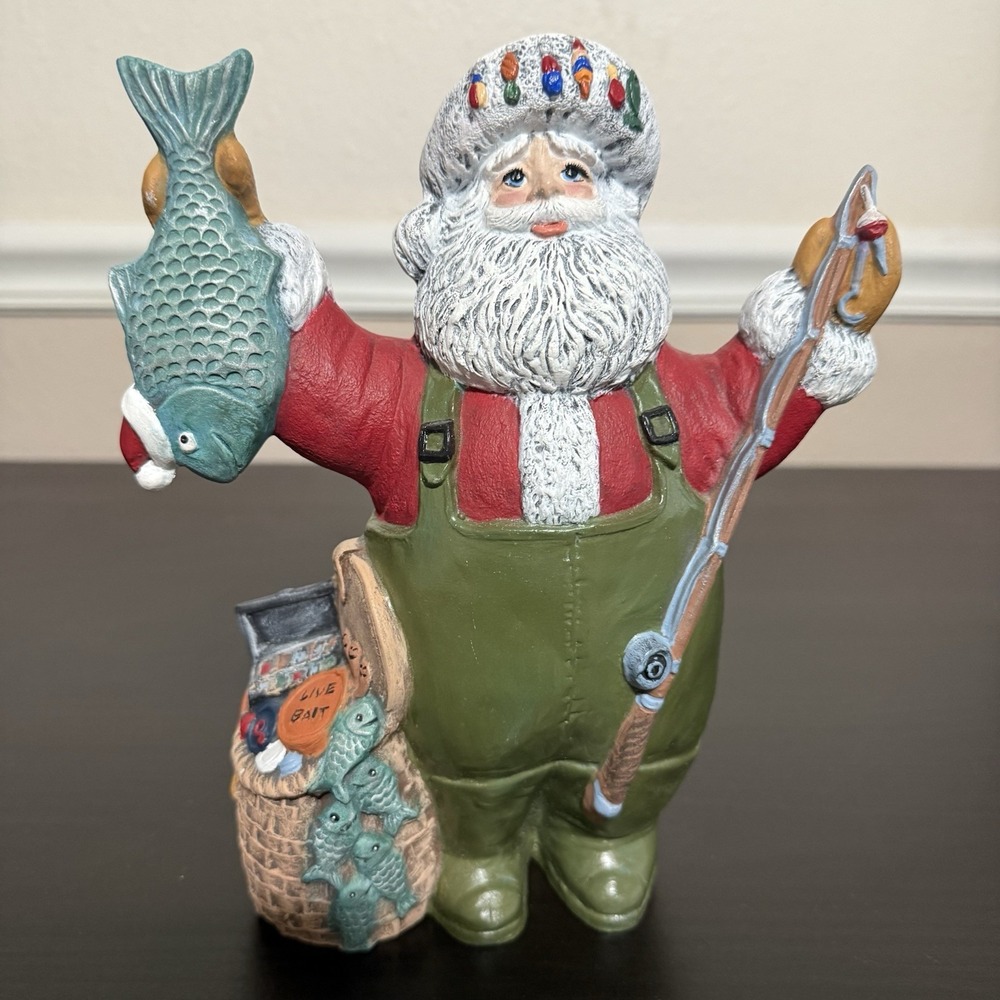 Santa Claus 9" Figurine Glazed Ceramic Christmas Hand Made Fisherman Fish Bait